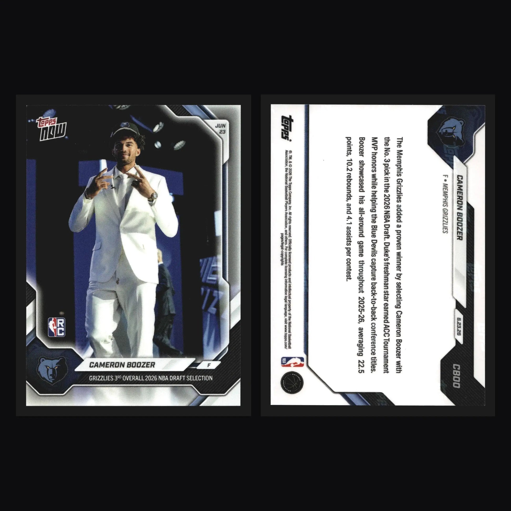 2026 Topps NOW #CBOO Cameron Boozer Grizzlies 3rd Overall Pick RC