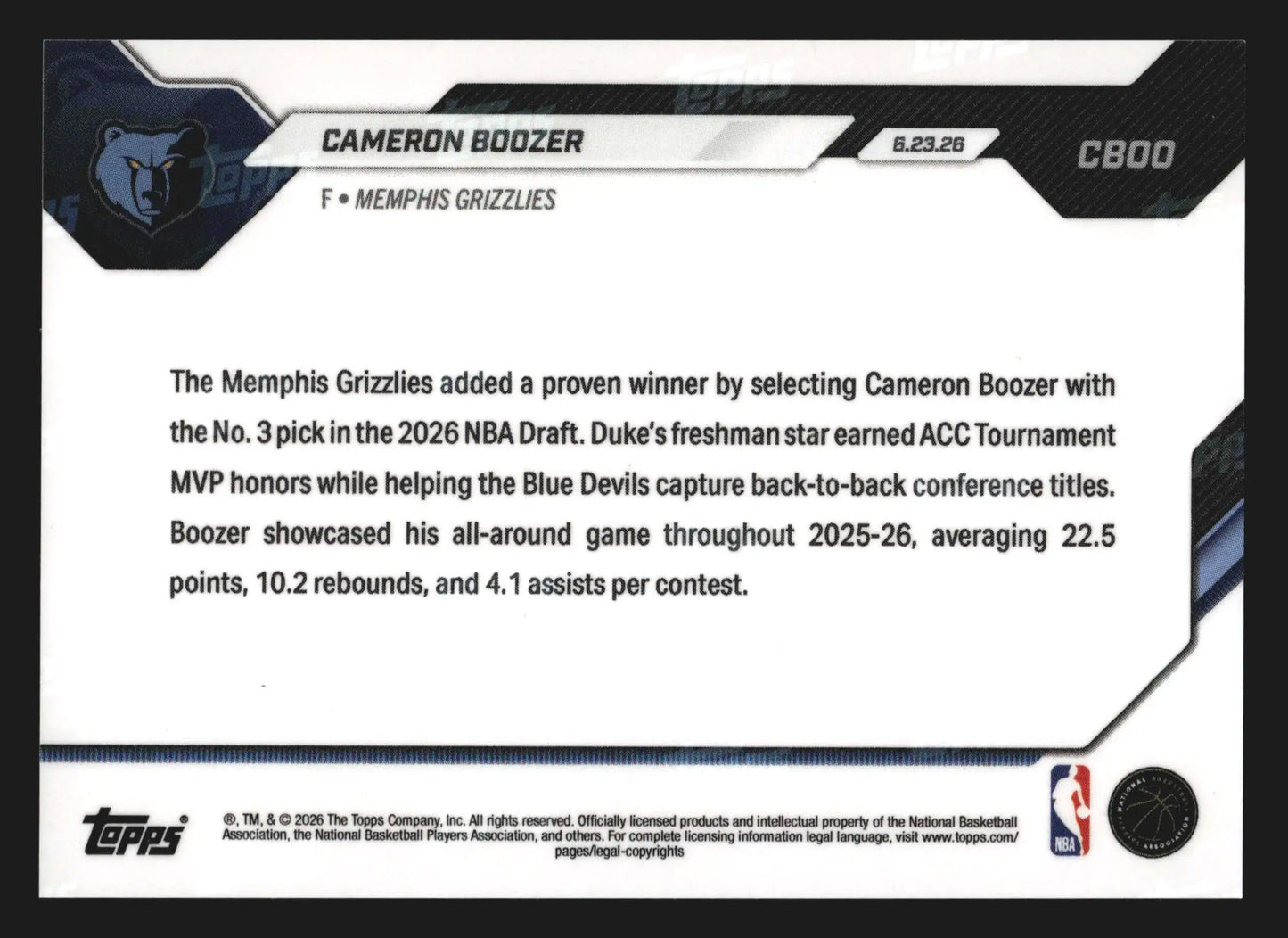 2026 Topps NOW #CBOO Cameron Boozer Grizzlies 3rd Overall Pick RC