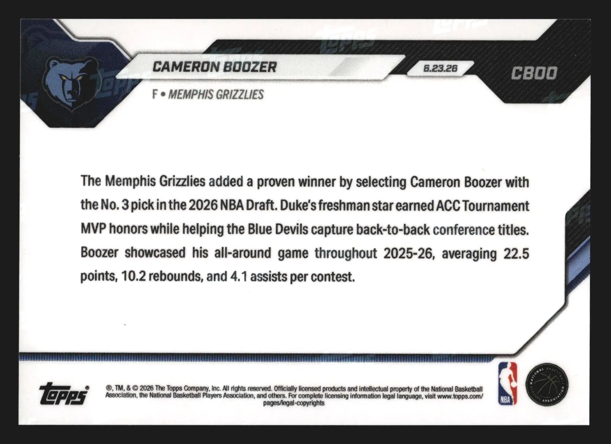 2026 Topps NOW #CBOO Cameron Boozer Grizzlies 3rd Overall Pick RC