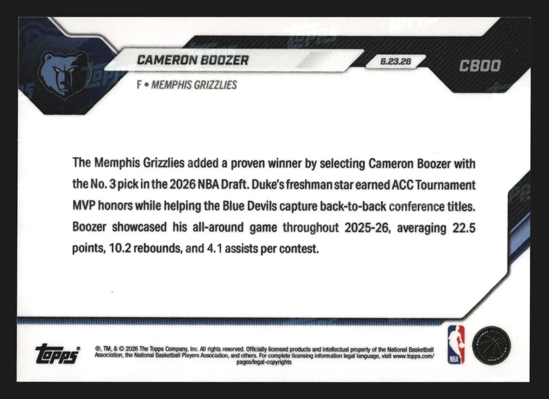 2026 Topps NOW #CBOO Cameron Boozer Grizzlies 3rd Overall Pick RC