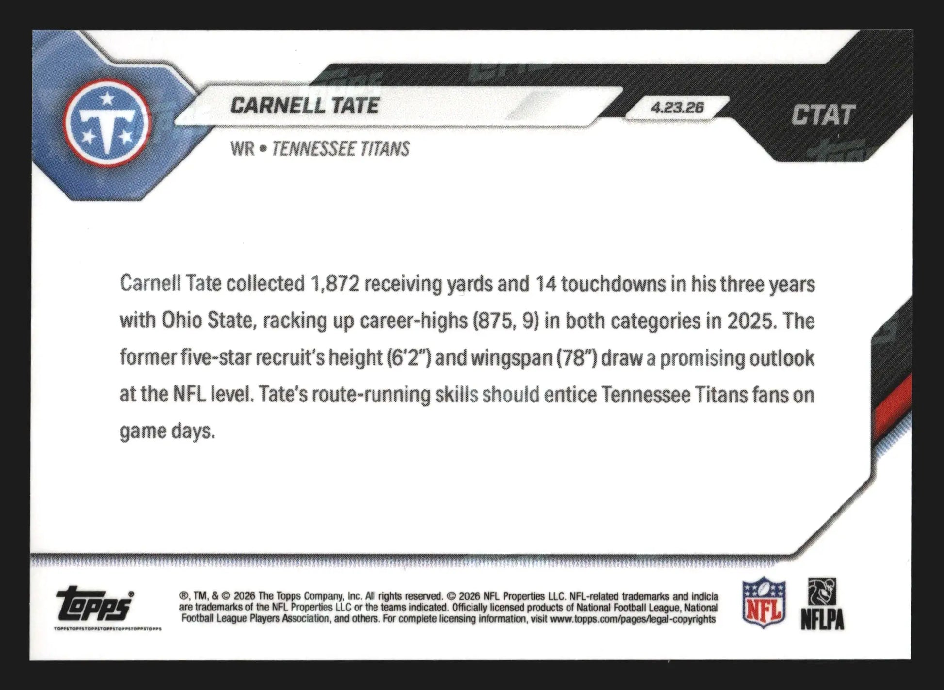 2026 Topps NOW #CTAT Carnell Tate Titans 4th Overall Pick RC