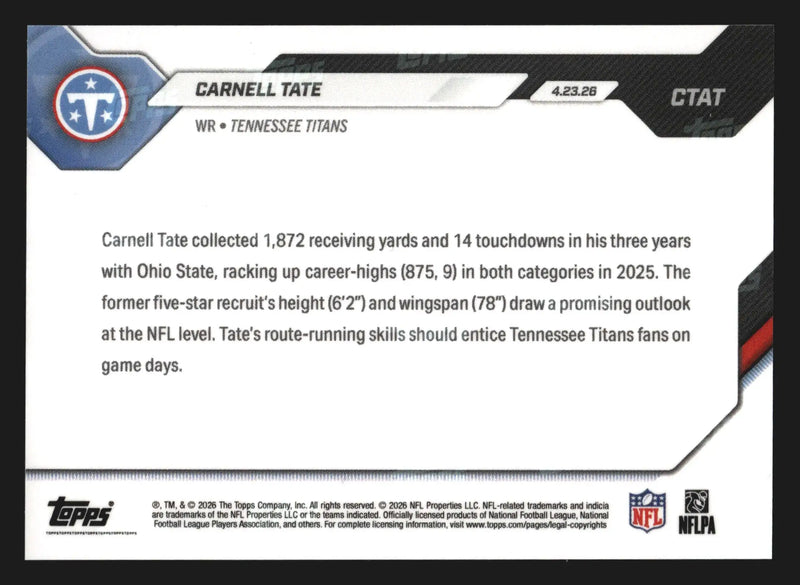2026 Topps NOW #CTAT Carnell Tate Titans 4th Overall Pick RC