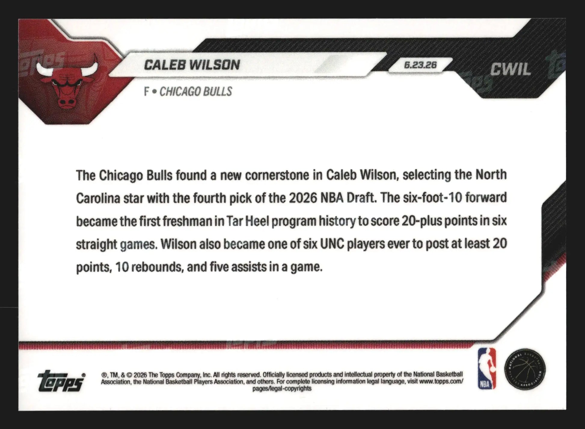 2026 Topps NOW #CWIL Caleb Wilson Chicago Bulls 4th Overall Pick RC