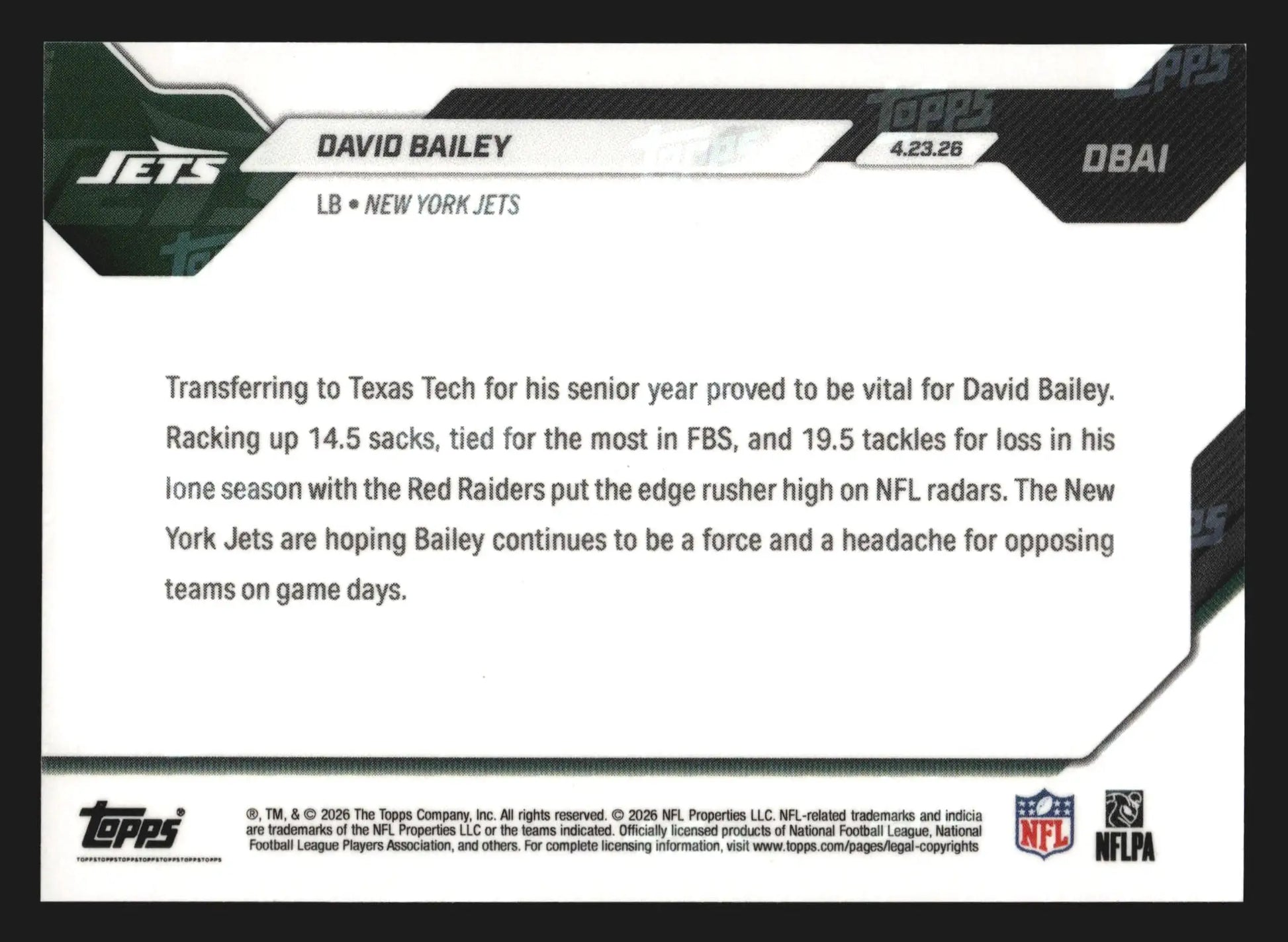 2026 Topps NOW #DBAI David Bailey New York Jets 2nd Overall Pick RC