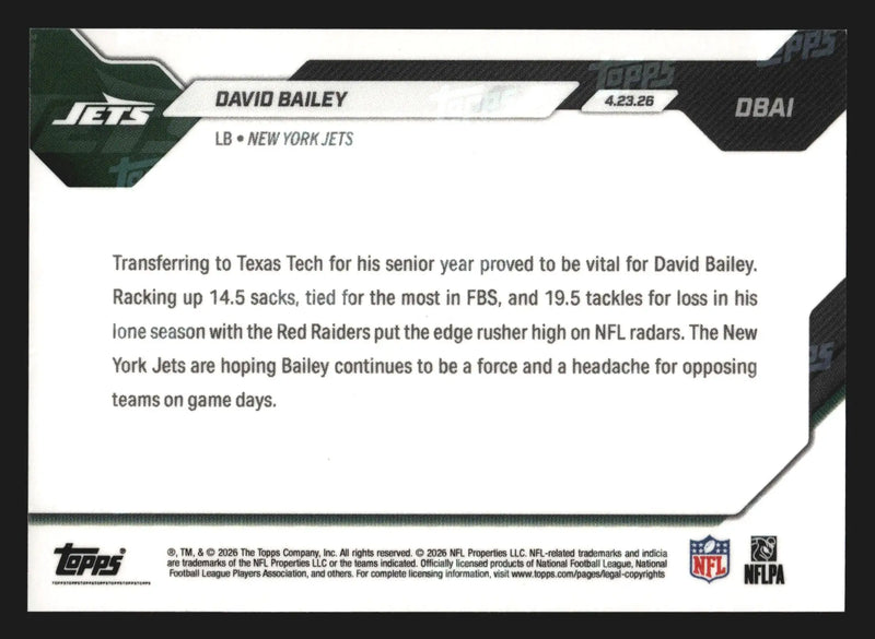 2026 Topps NOW #DBAI David Bailey New York Jets 2nd Overall Pick RC