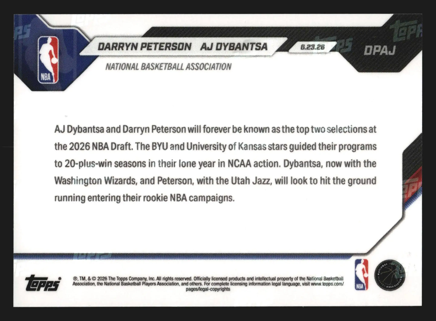 2026 Topps NOW #DPAJ AJ Dybantsa Darryn Peterson First Picks RC