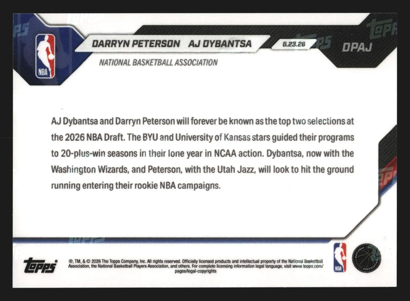2026 Topps NOW #DPAJ AJ Dybantsa Darryn Peterson First Picks RC