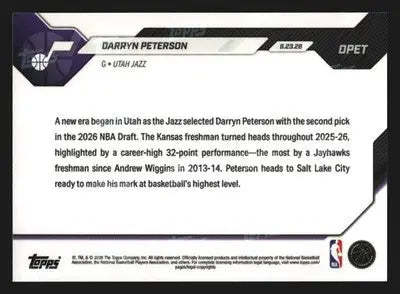 2026 Topps NOW #DPET Darryn Peterson Utah Jazz 2nd Overall Pick RC