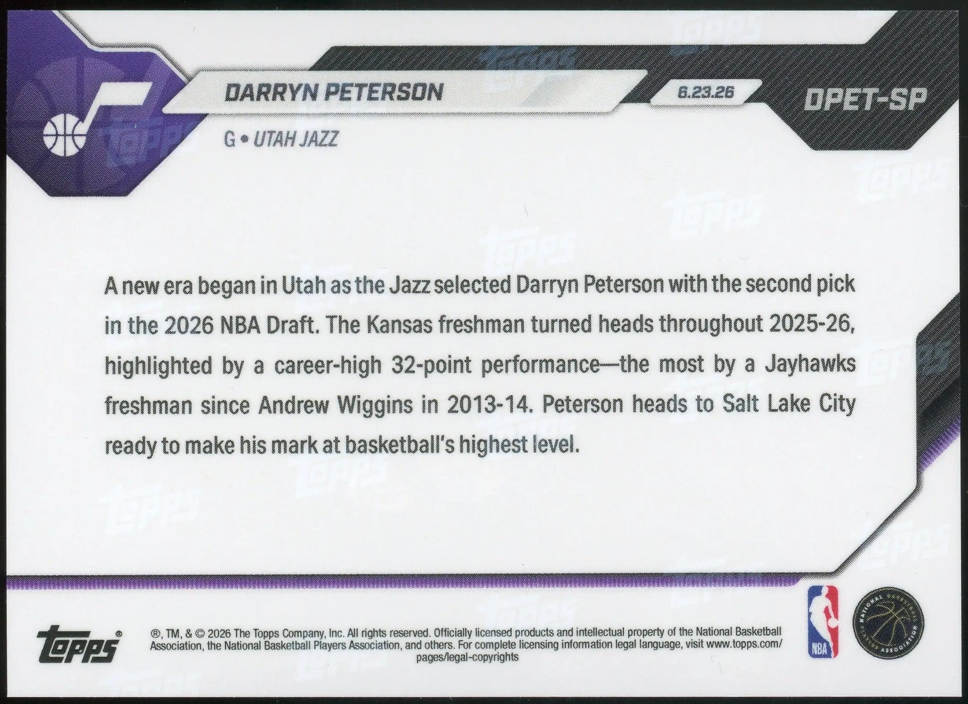 2026 Topps NOW #DPET-SP Darryn Peterson Jazz SP Image Variation RC