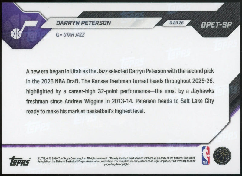 2026 Topps NOW #DPET-SP Darryn Peterson Jazz SP Image Variation RC