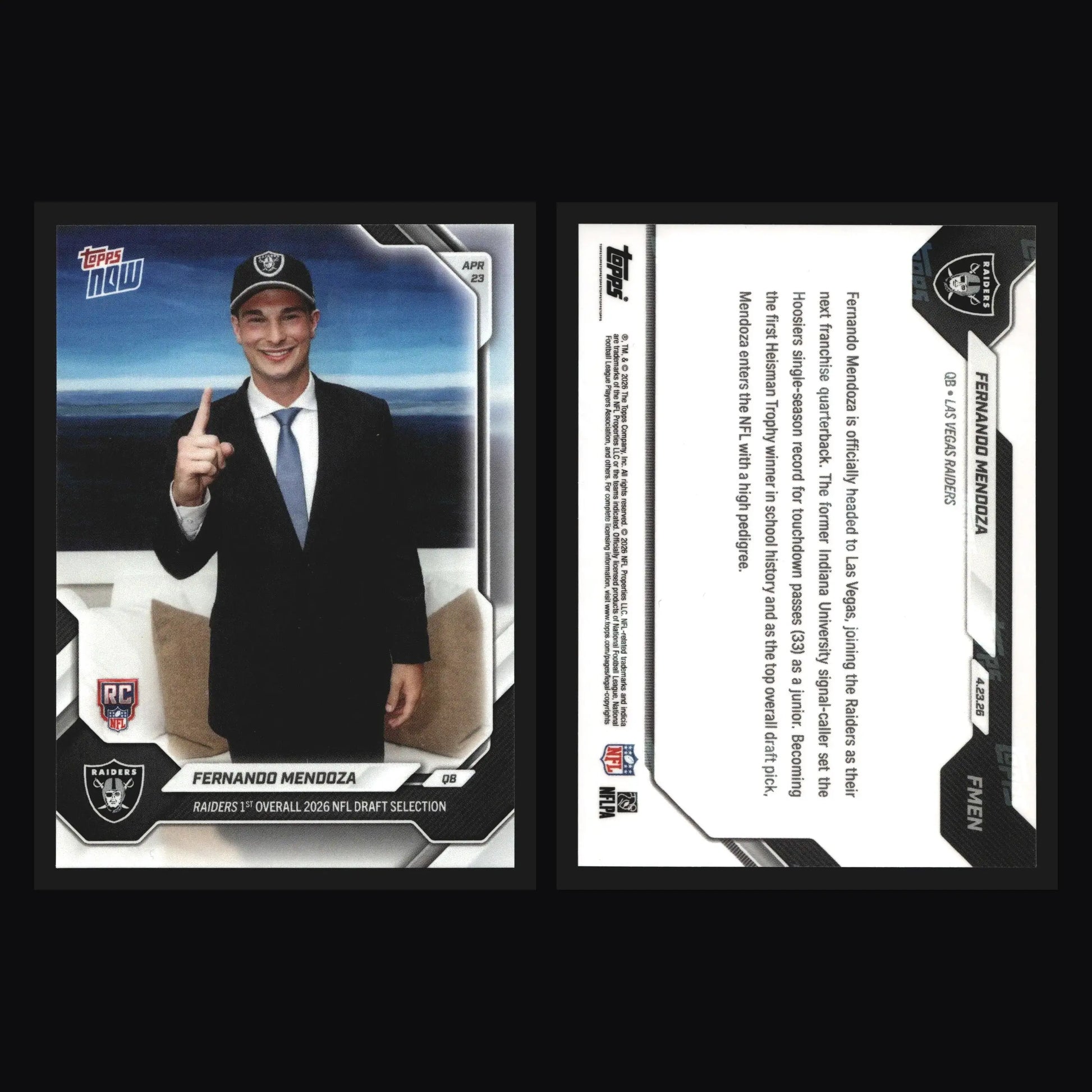 2026 Topps NOW #FMEN Fernando Mendoza Raiders 1st Overall Pick RC