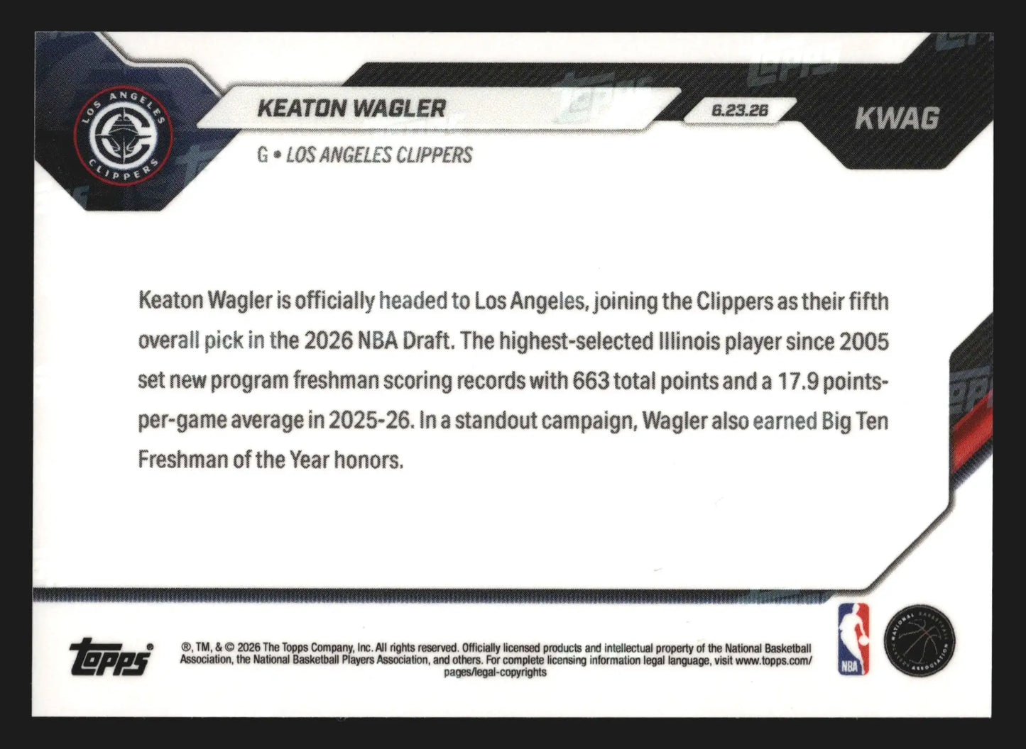 2026 Topps NOW #KWAG Keaton Wagler Clippers 5th Overall Pick RC
