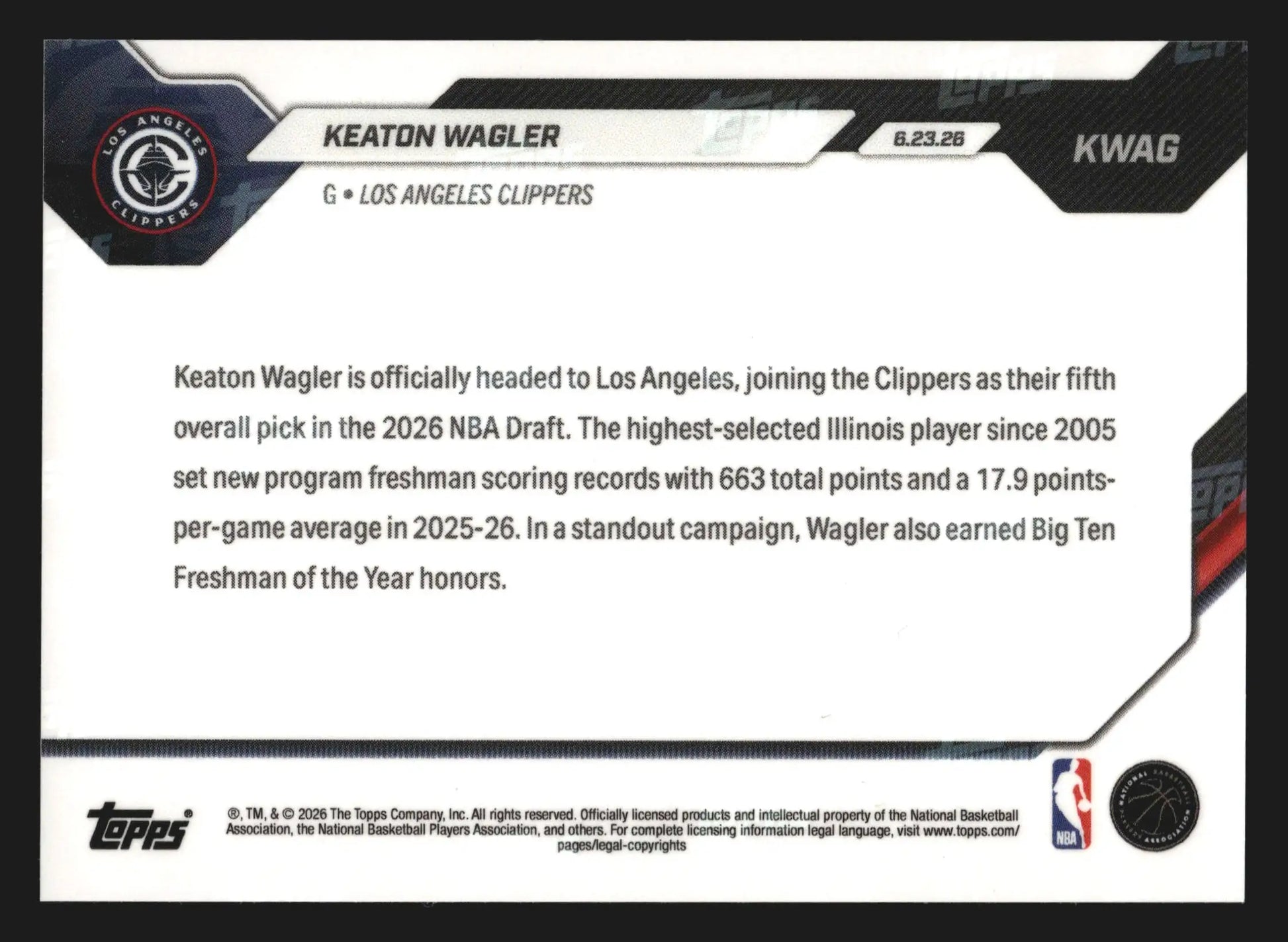 2026 Topps NOW #KWAG Keaton Wagler Clippers 5th Overall Pick RC