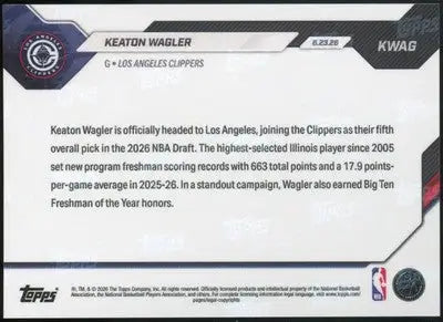 2026 Topps NOW #KWAG Keaton Wagler Clippers Gold Foil /50 21/50 RC