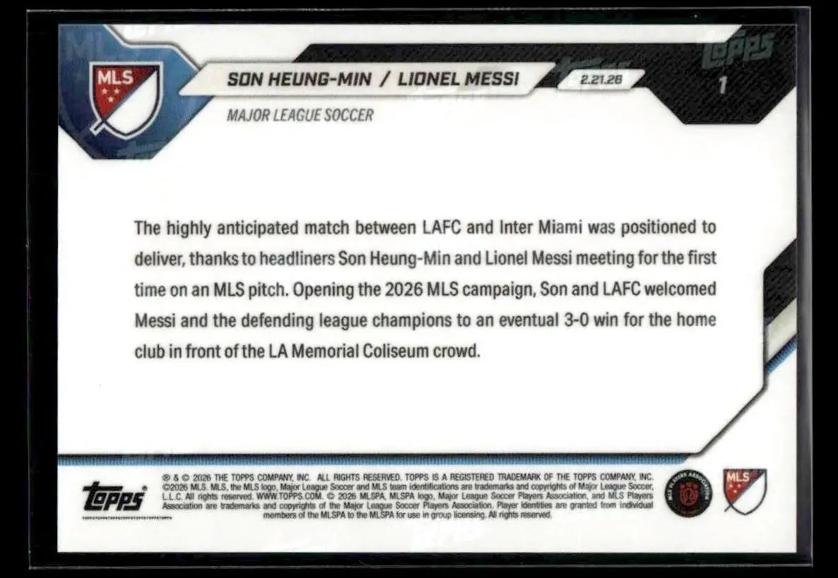 2026 Topps Now MLS Son Heung-min / Lionel Messi #1 Global Icons Clash MLS - Soccer Card Single