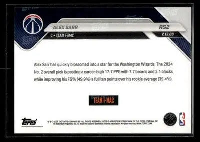 2026 Topps Now Rising Stars Alex Sarr #RS2 PR 7287 Washington Wizards - Basketball Card Single