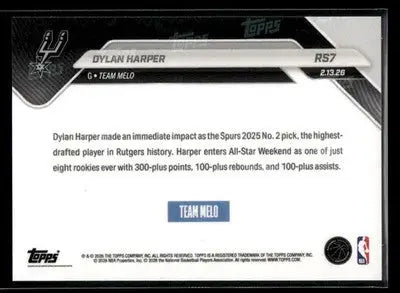 2026 Topps Now Rising Stars Dylan Harper #RS7 PR 7287 RC San Antonio Spurs - Basketball Card Single