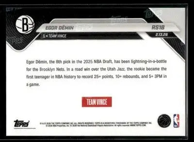 2026 Topps Now Rising Stars Egor Demin #RS18 PR 7287 RC Brooklyn Nets - Basketball Card Single