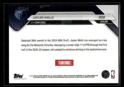 2026 Topps Now Rising Stars Jaylen Wells #RS6 PR 7287 Memphis Grizzlies - Basketball Card Single