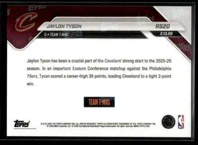 2026 Topps Now Rising Stars Jaylon Tyson #RS20 PR 7287 Cleveland Cavaliers