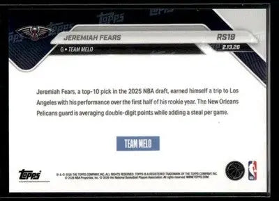 2026 Topps Now Rising Stars Jeremiah Fears #RS19 PR 7287 RC New Orleans Pelicans - Basketball Card Single