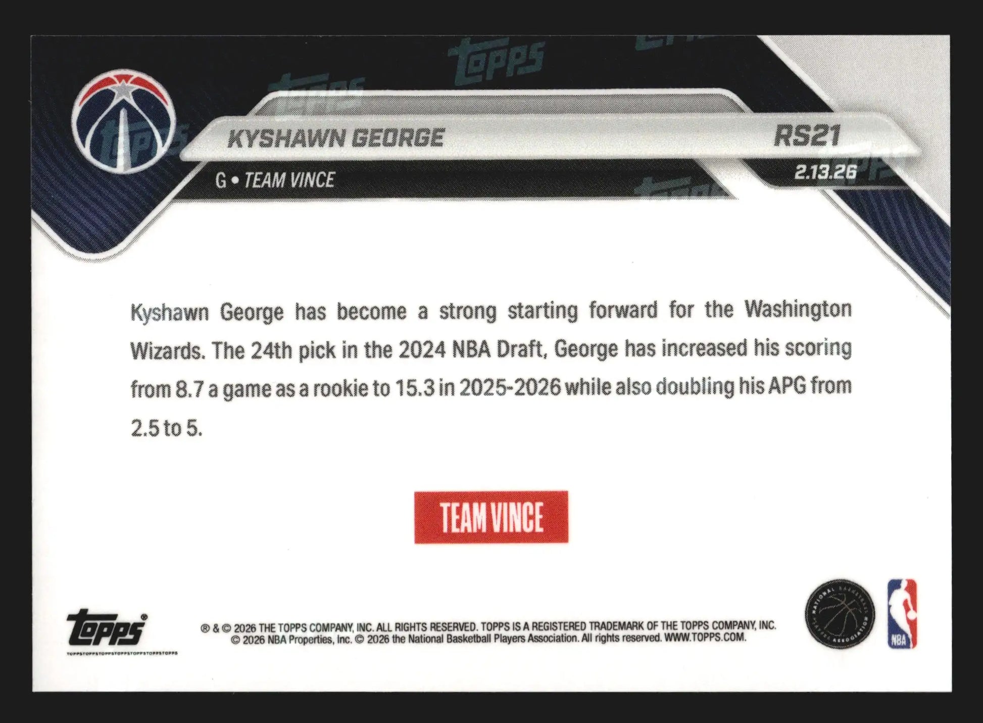 2026 Topps NOW Rising Stars Kyshawn George #RS21 Wizards - Basketball Card Single