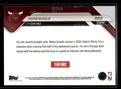 2026 Topps Now Rising Stars Matas Buzelis #RS12 PR 7287 Chicago Bulls - Basketball Card Single