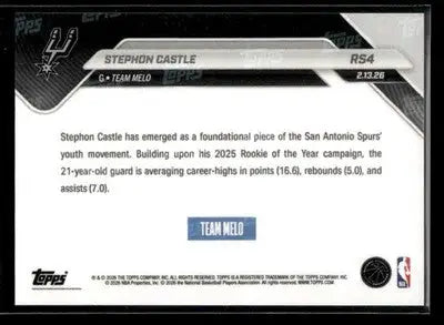 2026 Topps Now Rising Stars Stephon Castle #RS4 PR 7287 San Antonio Spurs - Basketball Card Single