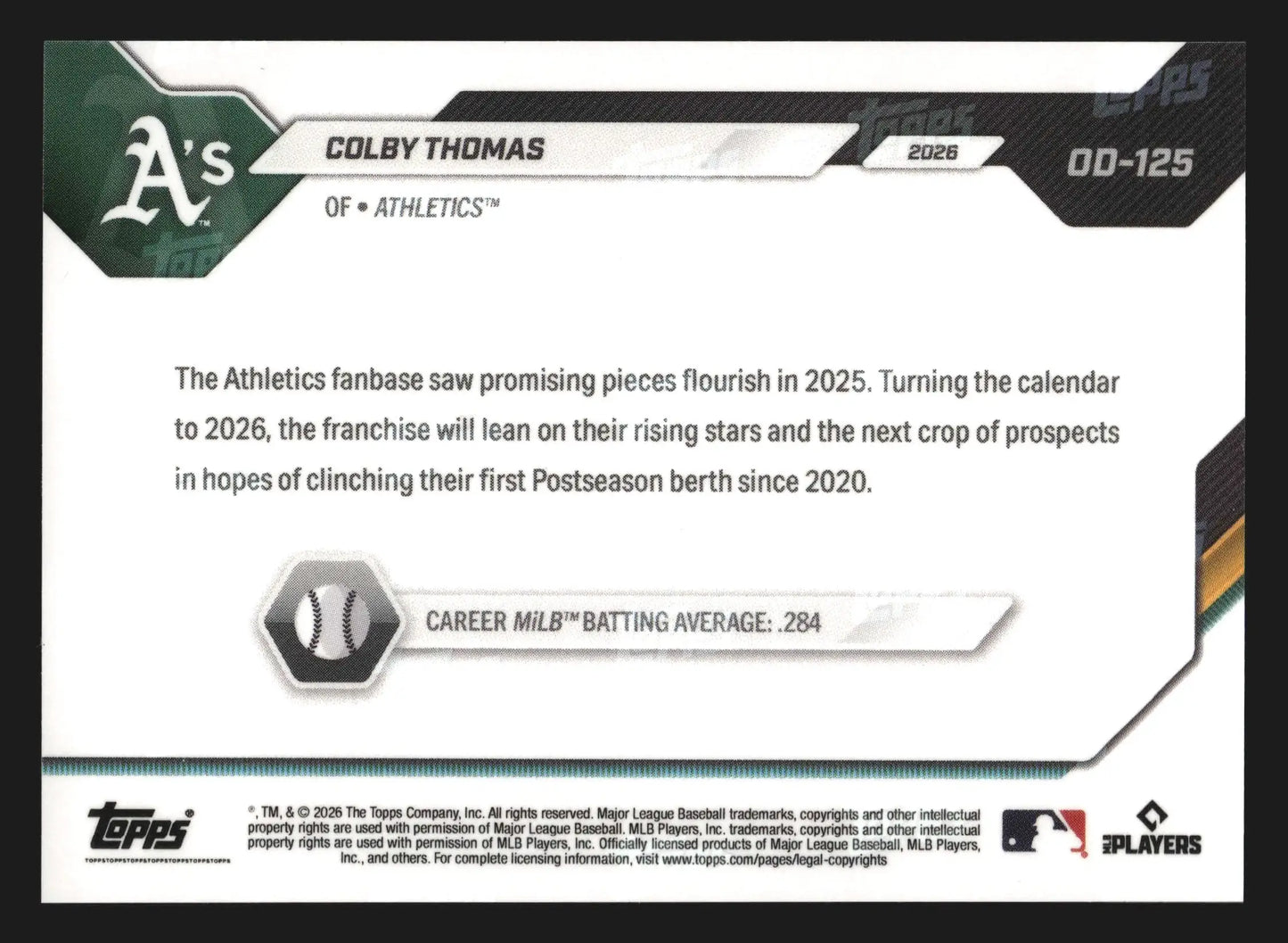 2026 Topps NOW Road to Opening Day #OD-125 Colby Thomas Athletics RC - Baseball Card Single