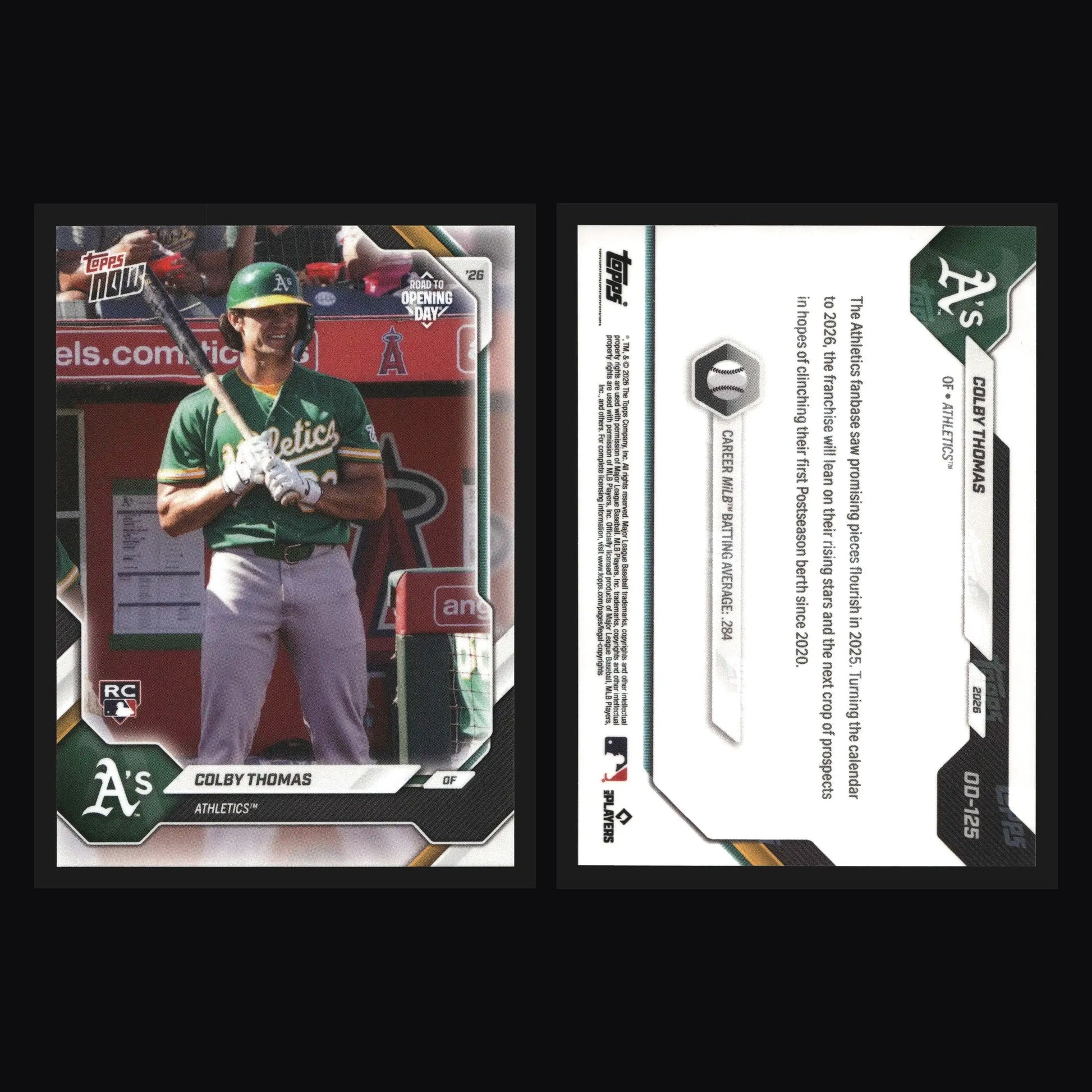 2026 Topps NOW Road to Opening Day #OD-125 Colby Thomas Athletics RC - Baseball Card Single
