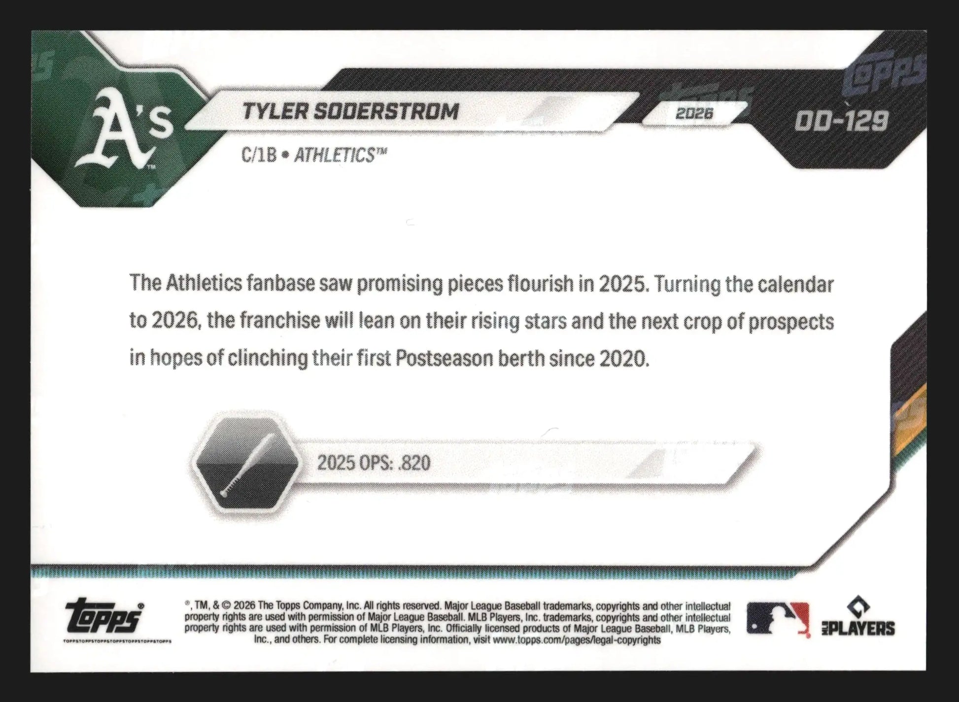2026 Topps NOW Road to Opening Day #OD-129 Tyler Soderstrom Athletics - Baseball Card Single