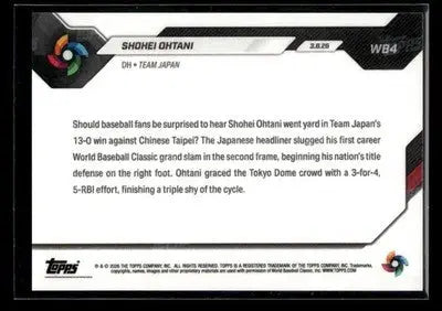 2026 Topps Now World Baseball Classic Shohei Ohtani #WB4 Japan - Baseball Card Single