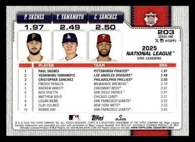2026 Topps Paul Skenes/Yoshinobu Yamamoto/Cristopher Sánchez #203 ERA Lead NL - Baseball Card Single