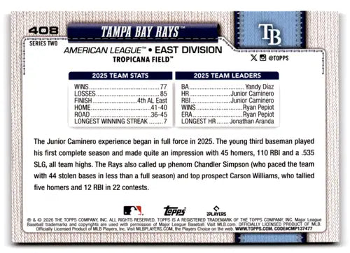 2026 Topps Pink Diamante Foil #408 Tampa Bay Rays NM Near Mint Rays Tea ID:83250