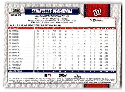 2026 Topps Rainbow Foil #32 Shinnosuke Ogasawara NM-MT RC Rookie Nation ID:82147 - Baseball Card Single