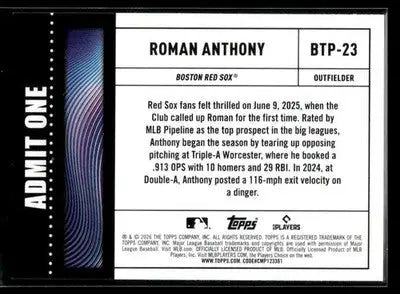 2026 Topps Roman Anthony #BTP-23 Big Ticket Players Boston Red Sox - Baseball Card Single