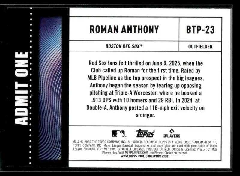 2026 Topps Roman Anthony #BTP-23 Big Ticket Players Boston Red Sox - Baseball Card Single