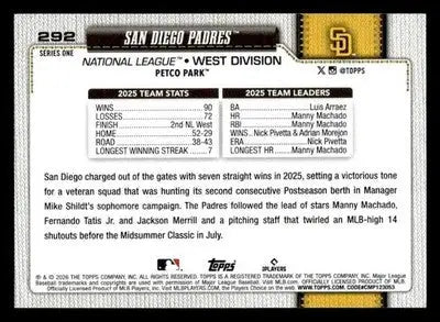2026 Topps San Diego Padres #292 San Diego Padres - Baseball Card Single