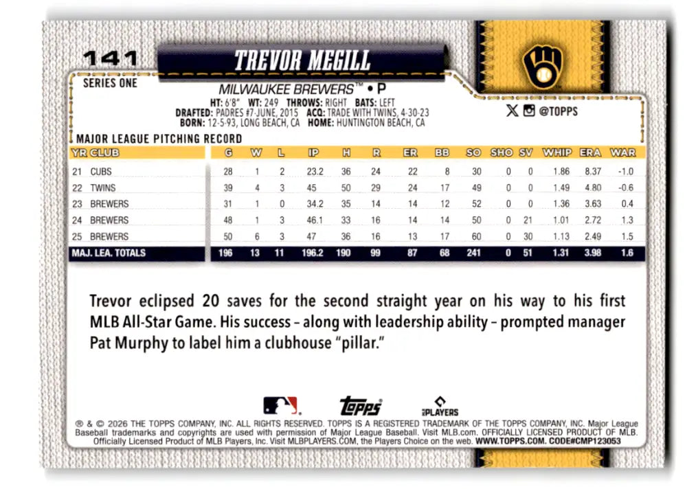 2026 Topps Sandglitter #141 Trevor Megill NM-MT Brewers ID:81708 - Baseball Card Single