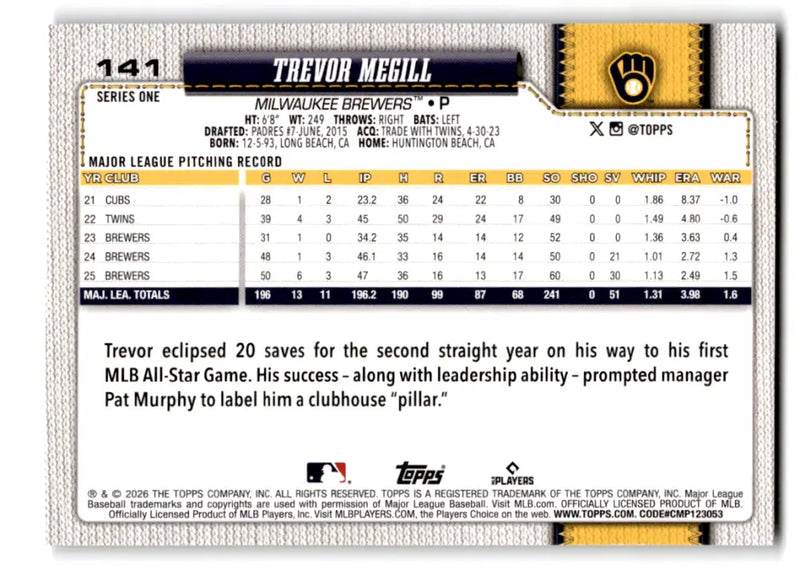 2026 Topps Sandglitter #141 Trevor Megill NM-MT Brewers ID:81708 - Baseball Card Single