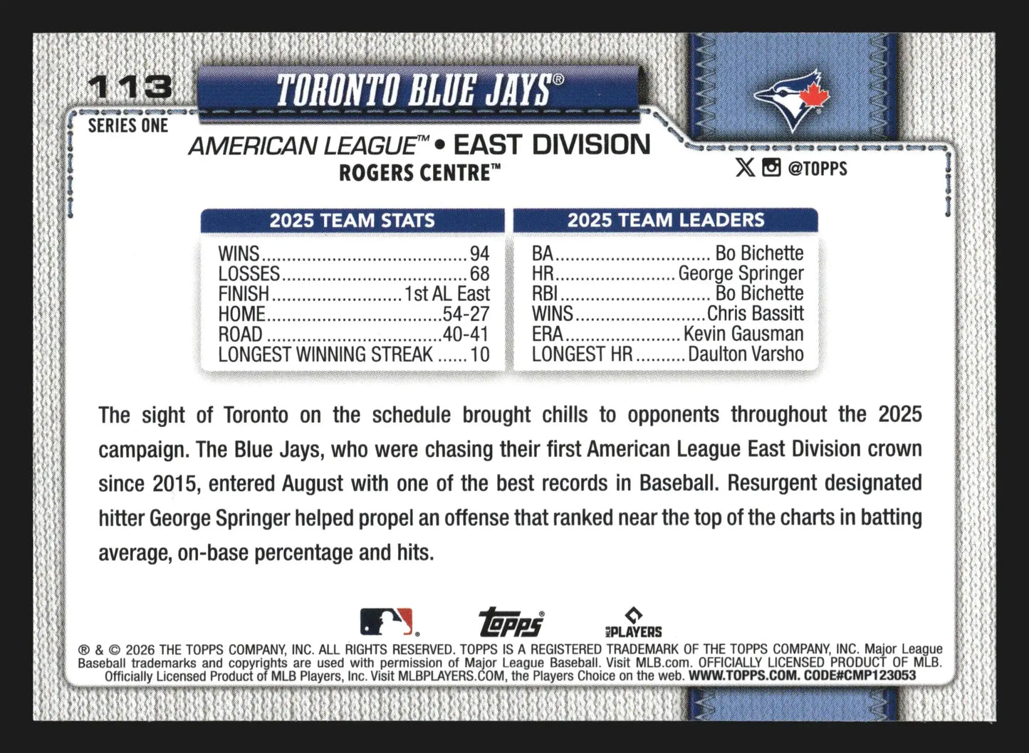 2026 Topps Series 1 #113 Toronto Blue Jays Team Card - Baseball Card Single