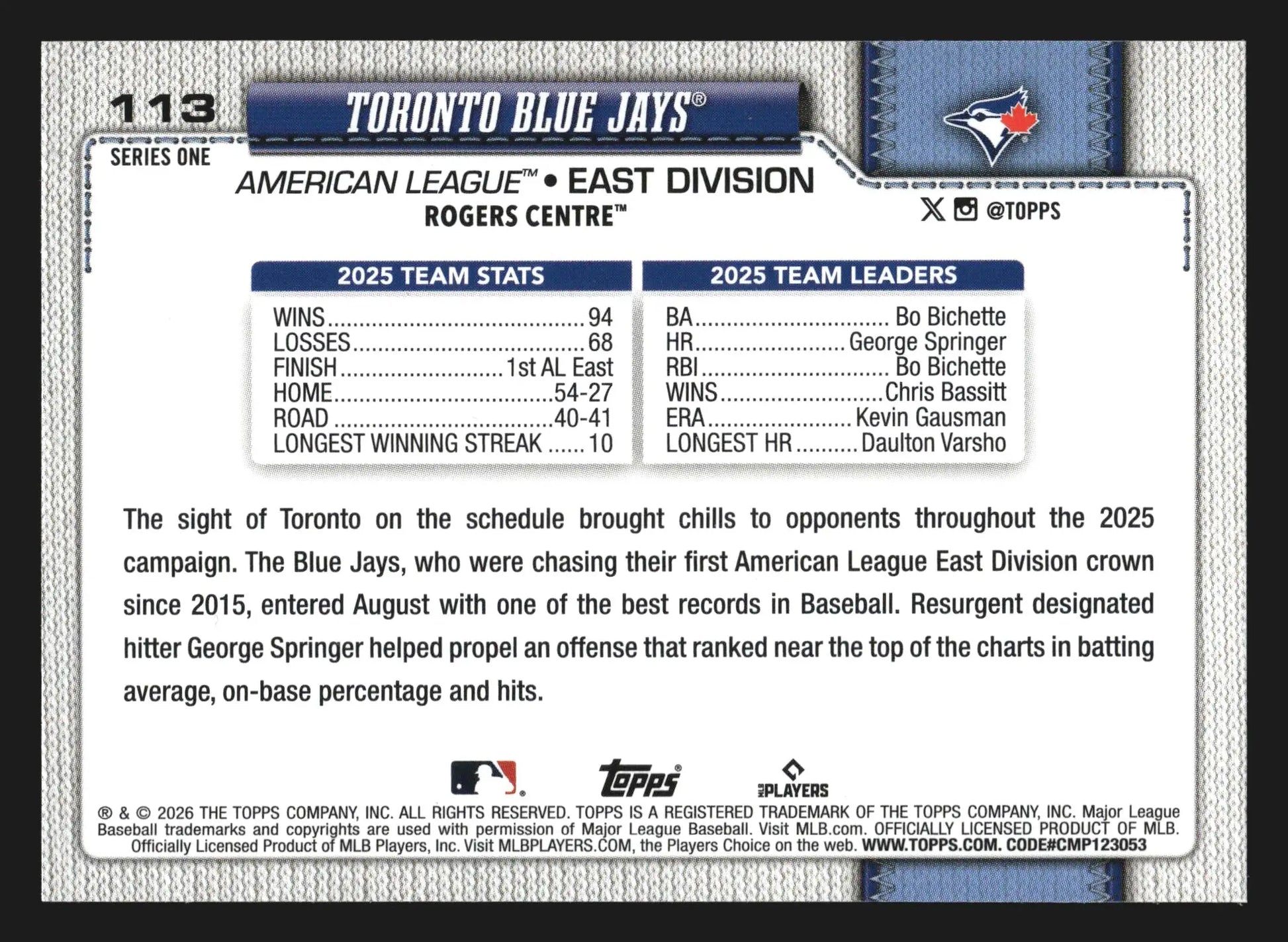 2026 Topps Series 1 #113 Toronto Blue Jays Team Card - Baseball Card Single