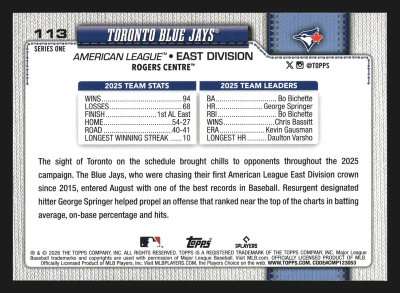 2026 Topps Series 1 #113 Toronto Blue Jays Team Card - Baseball Card Single