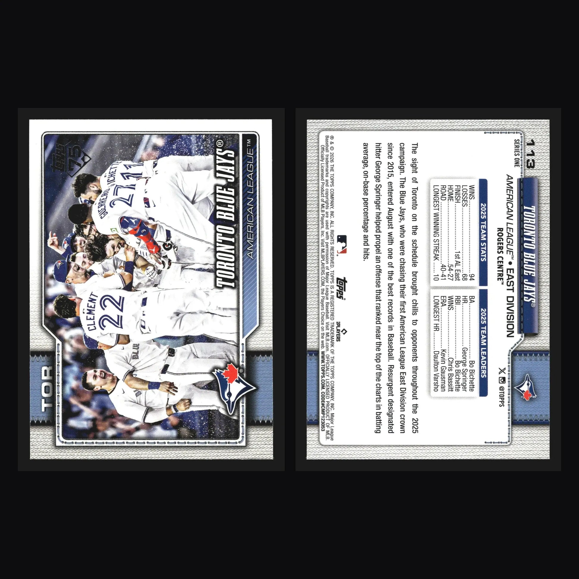 2026 Topps Series 1 #113 Toronto Blue Jays Team Card - Baseball Card Single