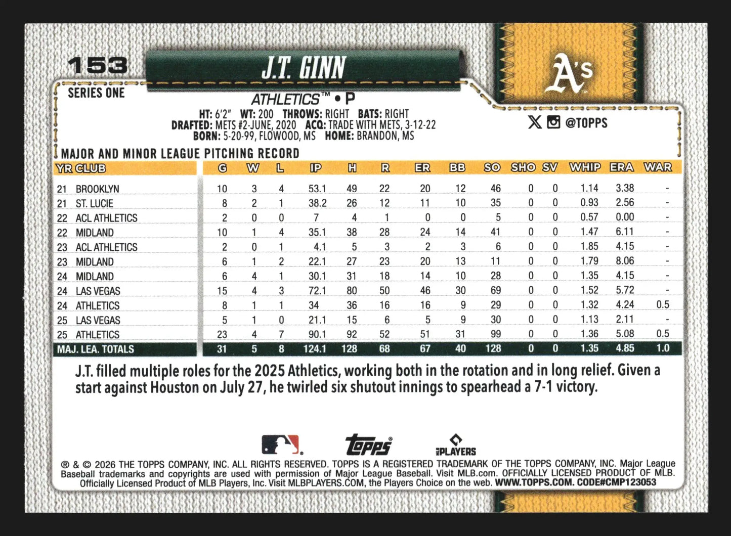 2026 Topps Series 1 #153 J.T. Ginn Athletics - Baseball Card Single