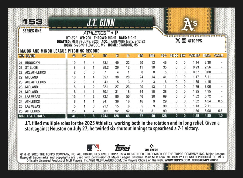 2026 Topps Series 1 #153 J.T. Ginn Athletics - Baseball Card Single