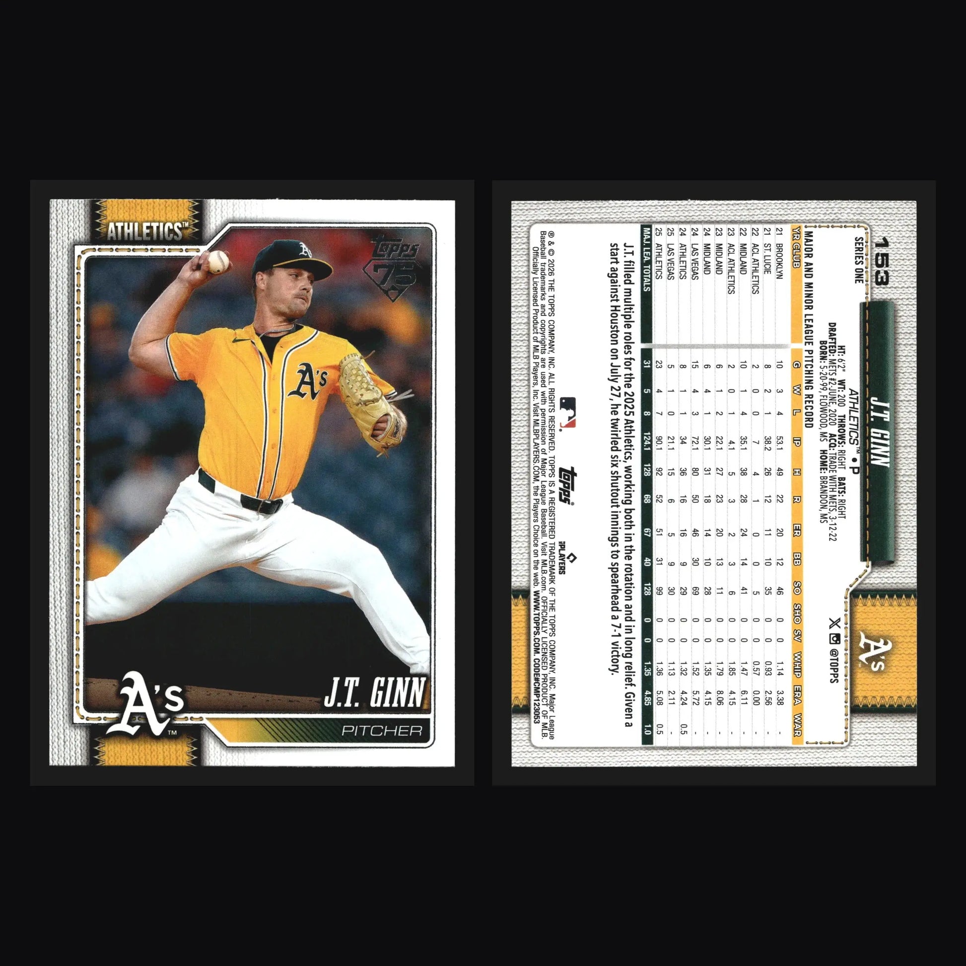2026 Topps Series 1 #153 J.T. Ginn Athletics - Baseball Card Single