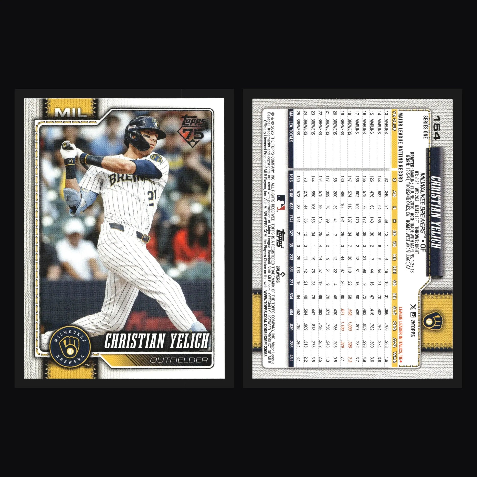 2026 Topps Series 1 #154 Christian Yelich Milwaukee Brewers - Baseball Card Single