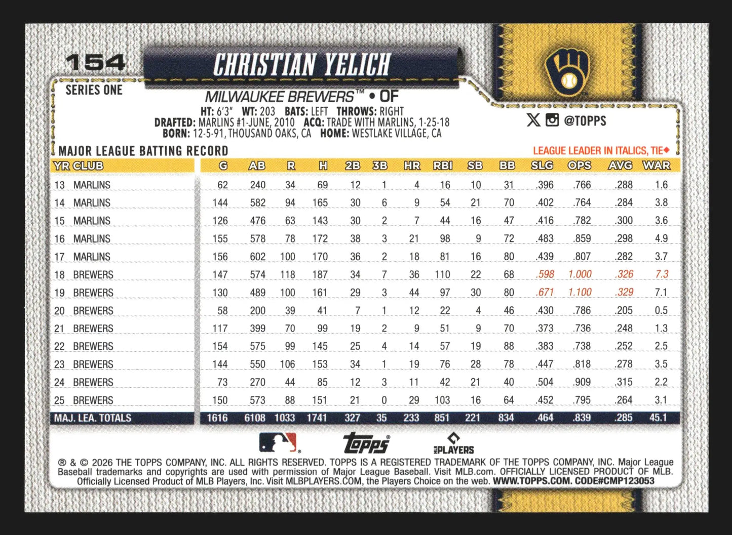 2026 Topps Series 1 #154 Christian Yelich Milwaukee Brewers - Baseball Card Single