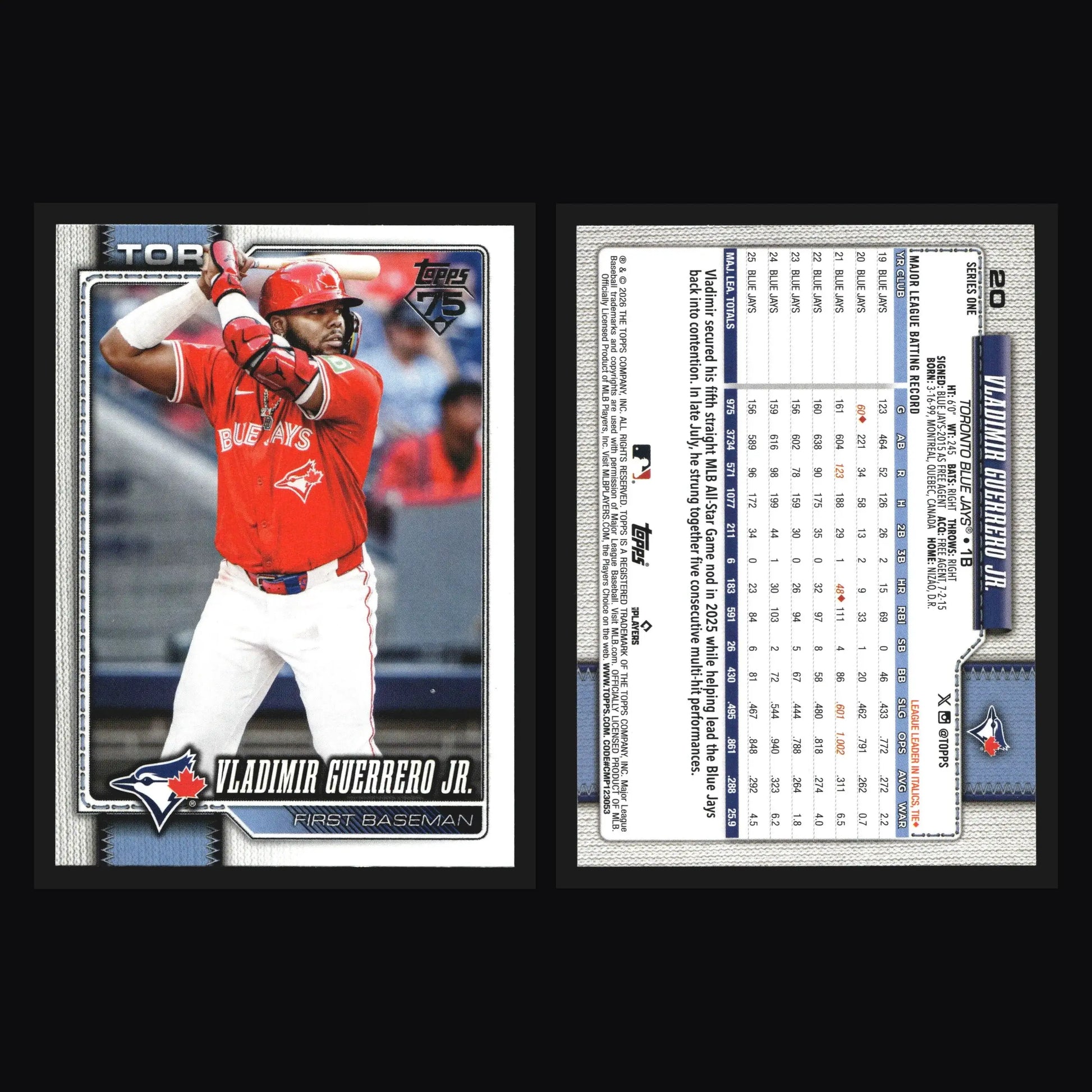 2026 Topps Series 1 #20 Vladimir Guerrero Jr Toronto Blue Jays